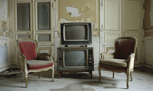黄色椅子摄影照片_地板上的旧电视机和两把老式椅子