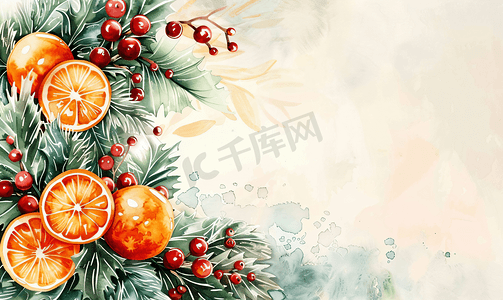 水彩小标题摄影照片_圣诞水彩橙子和冬季植物卡