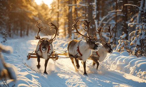 驯鹿摄影照片_三只驯鹿在冬季森林里滑雪橇