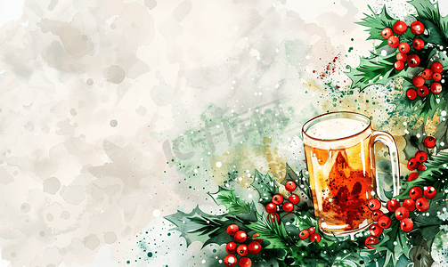 祥云边框浮雕摄影照片_圣诞水彩边框与啤酒和红色浆果