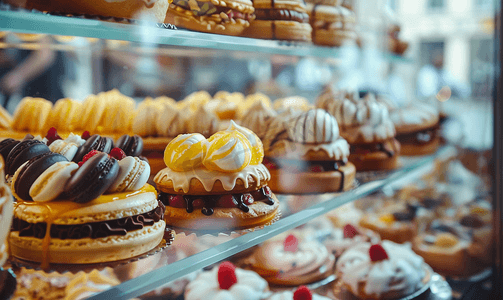 咖啡蛋糕店摄影照片_糕点店展示橱窗提供各种泡芙、马卡龙、蛋挞等精选焦点