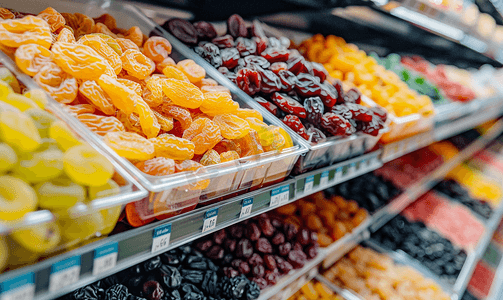 价格分类摄影照片_超市或杂货店货架上的葡萄干和蜜饯