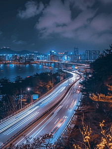 蓝色夜背景摄影照片_韩国首尔高速公路夜景