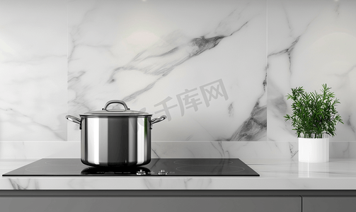 燃气燃烧器具安装摄影照片_电炉上的铬锅现代黑白厨房