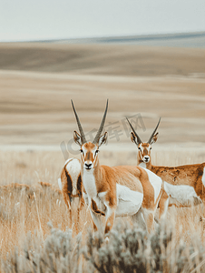 大红色的花摄影照片_北达科他州草木茂盛的平原上的叉角羚