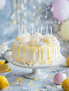 生日请柬摄影照片_美味的饼干甜点配柠檬和椰子自制生日蛋糕