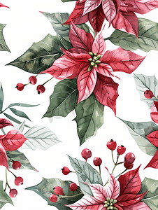 圣诞一品红花卉水彩无缝图案