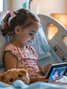 护士陪伴住院的小女孩看平板电脑特写