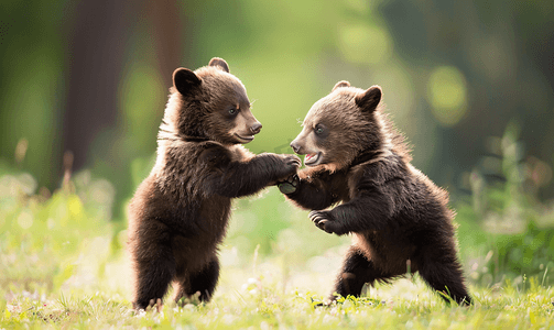 可爱的棕熊和黑熊幼崽在夏天玩耍