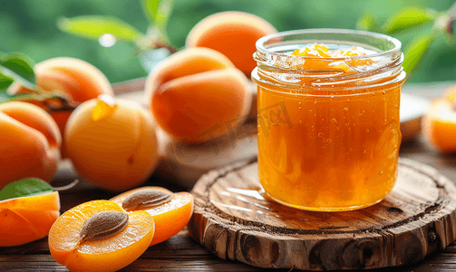 玻璃罐中自制有机杏果酱和乡村木桌上的熟杏