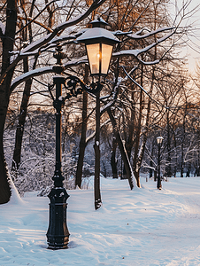 岗位述职述职摄影照片_冬季公园的灯柱在树木和天空映衬下的复古黑色路灯