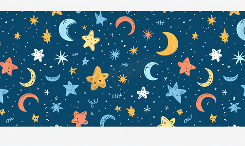 喜庆几何背景摄影照片_蓝色背景上带有月亮、星星和涂鸦的无缝节日图案