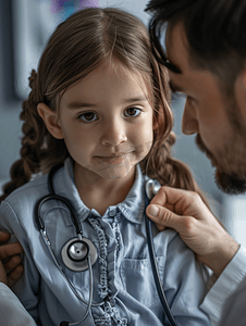 医生给住院的小女孩使用听诊器特写