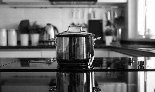 黑色家居摄影照片_电炉上的铬锅现代黑白厨房