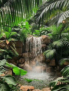 绿色热带植物之间的人工迷你瀑布