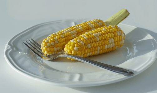 白盘上甜玉米和钢叉的特写