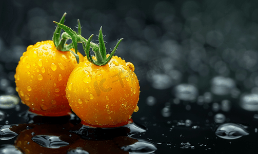 西红柿番茄摄影照片_黑色背景中果皮上滴着水的美丽黄色西红柿