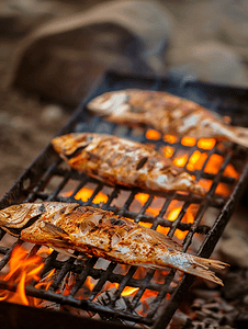 健康吸烟摄影照片_烤鲜鱼在户外用火烹饪烧烤海鲜