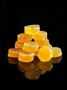 可爱糖果背景摄影照片_美丽的黄色果酱糖果被孤立在黑色背景中