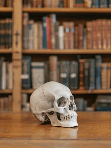 恐怖灵异背景摄影照片_图书馆桌子上的头骨模型
