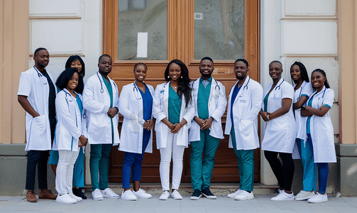 一群非洲医学生在户外对着大学门摆姿势