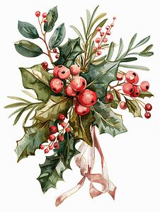 冬天的卡通植物摄影照片_圣诞槲寄生花束的水彩画