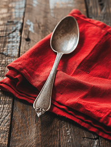 红色复古背景摄影照片_红色布餐巾的特写木桌上放着茶匙