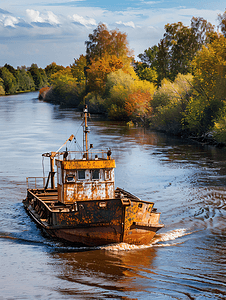 一艘旧河拖船将一艘空的生锈驳船推下河