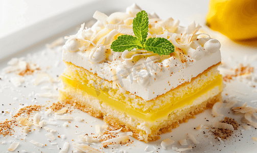 咸奶油核桃酥摄影照片_柠檬蛋糕配椰子片一块精致的香草甜点加奶油