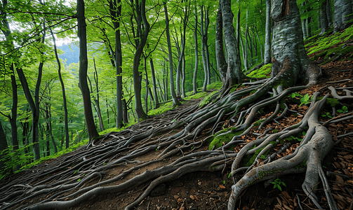 分类选择框摄影照片_喀尔巴阡山脉有树根的绿色森林
