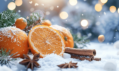 手绘红色水彩摄影照片_带有橙子和肉桂的圣诞水彩作品