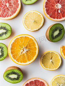 白色背景上的柑橘片、猕猴桃橙子和葡萄柚水果背景