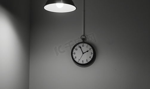 秒针分针摄影照片_墙上挂着黑白时钟有空间