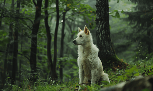 喀尔巴阡山脉森林中孤独的野生白狗