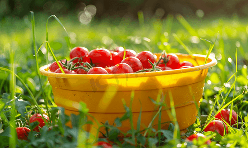 绿樱桃摄影照片_绿草黄色塑料盆中新鲜收获的樱桃番茄有机食品