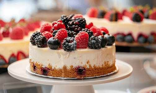 糕点橱窗店新鲜烹制的浆果芝士蛋糕
