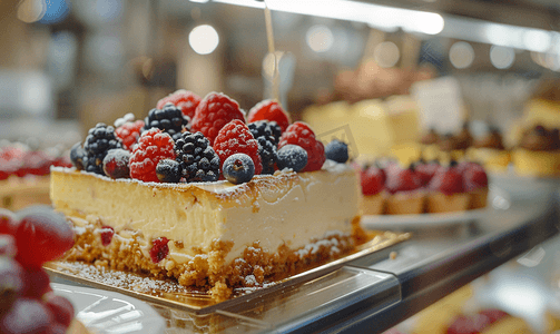 dp橱窗摄影照片_糕点橱窗店新鲜烹制的浆果芝士蛋糕
