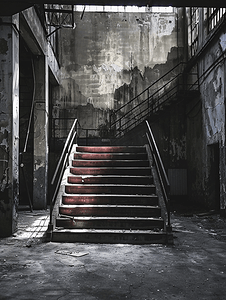 工厂房间摄影照片_一座旧废弃工厂的工业内部阴影可怕概念的楼梯