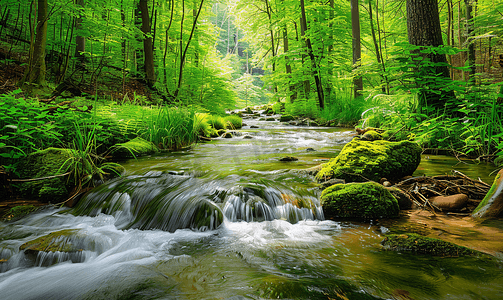 夏天绿色森林摄影照片_夏天的森林小溪