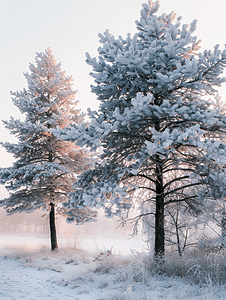 被雪覆盖的松树美丽的冬季风景霜冻自然