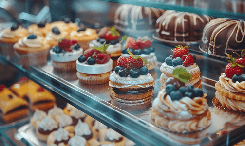 水果店装修摄影照片_糕点店橱窗展示各种迷你甜点和蛋糕的选择性焦点