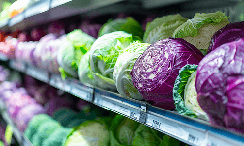 超市或杂货店货架上色彩缤纷的闪亮新鲜蔬菜卷心菜
