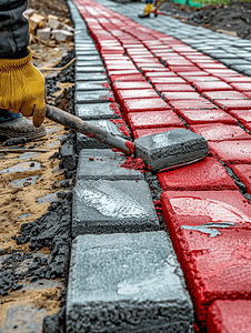 在后院铺设红色和灰色混凝土铺路砖道路铺设施工