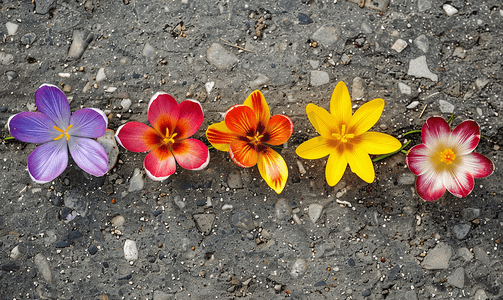 五朵新鲜的春天的花朵排列在地上