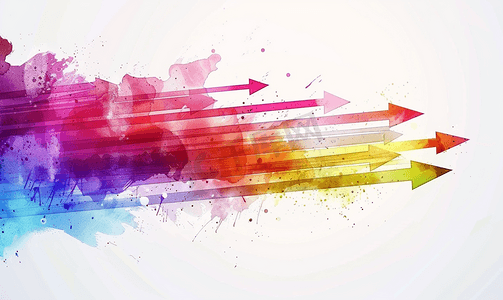 水彩箭头摄影照片_带箭头和油漆溅设计的矢量抽象彩虹水彩背景