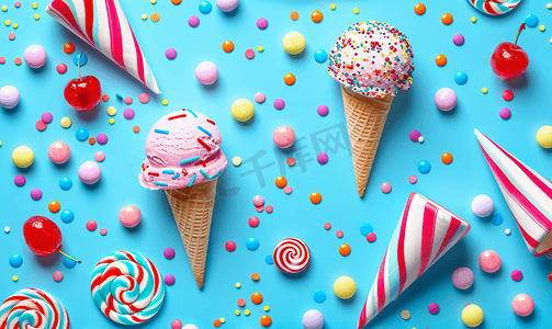 美味小吃卡通摄影照片_彩色无缝图案配有冰淇淋和条纹糖果棒