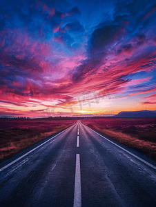 日落前道路景观蓝色、红色、粉红色的夜空美丽的云彩