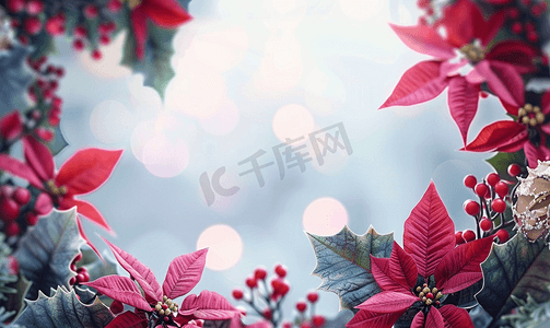 叶子圆形边框摄影照片_圣诞花圆框带麦芽酒树枝和一品红