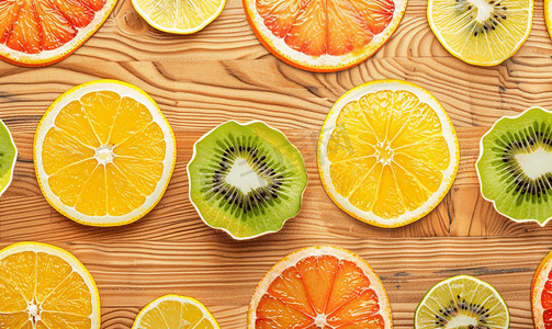 热带水果纹理摄影照片_木制背景上橙子、柠檬、猕猴桃、葡萄柚图案切片的特写