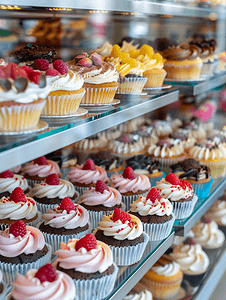 糕点水果摄影照片_糕点店橱窗展示着各种纸杯蛋糕和芝士蛋糕的选择性焦点